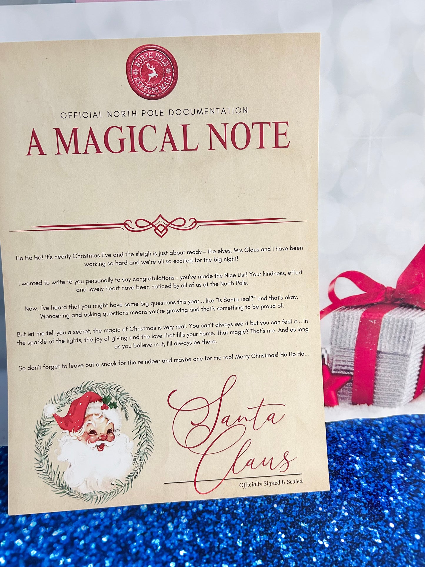 Personalised A4 Letter Christmas Eve/Magical Note/Nice List - Traditional Santa Wreath Design