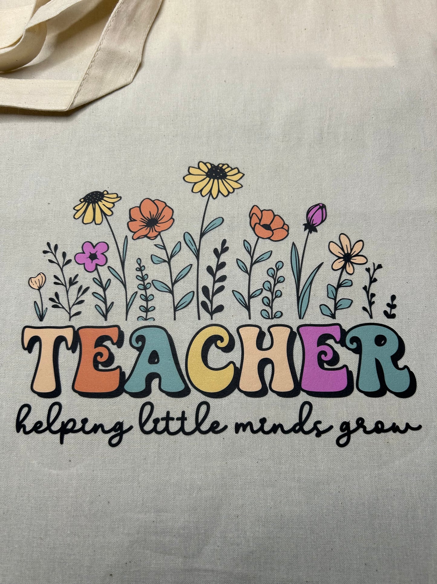 Teacher Linen Long Handle Tote Bag - Helping Little Minds Grow