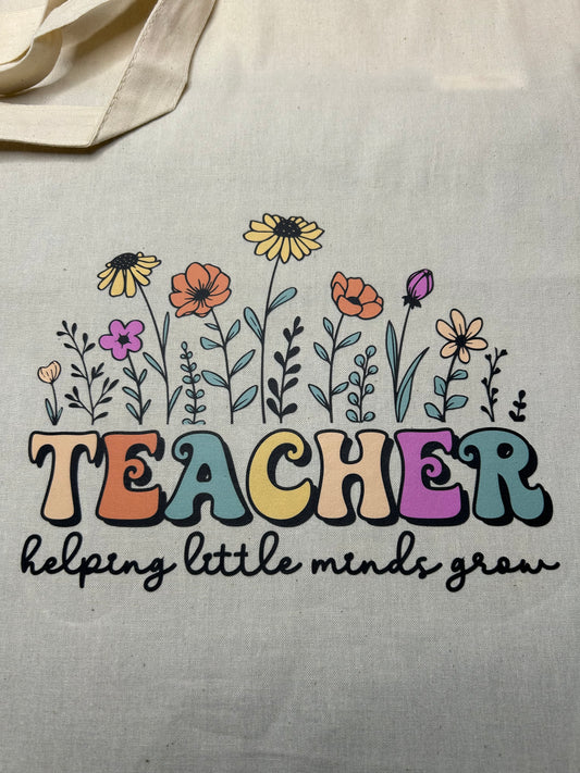 Teacher Linen Long Handle Tote Bag - Helping Little Minds Grow