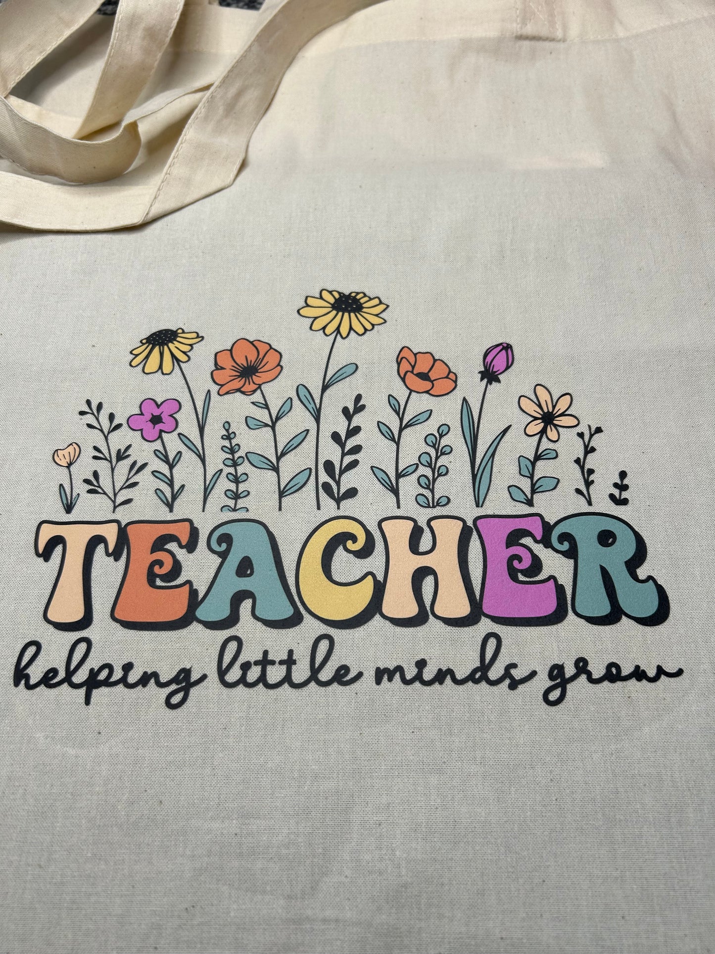 Teacher Linen Long Handle Tote Bag - Helping Little Minds Grow