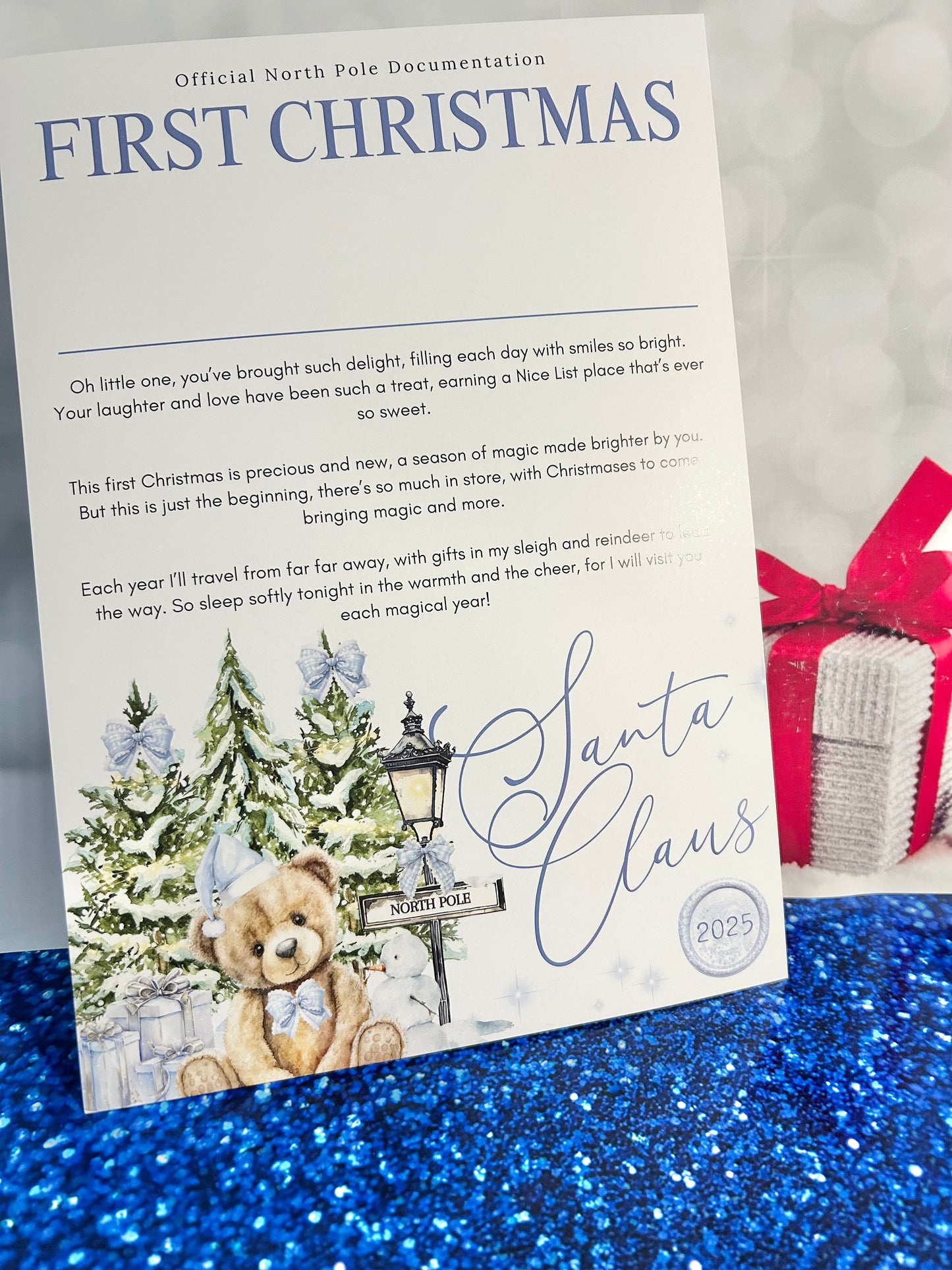 Personalised A4 North Pole Bear First Christmas - Blue or Pink