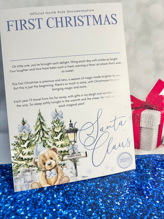 Personalised A4 North Pole Bear First Christmas - Blue or Pink