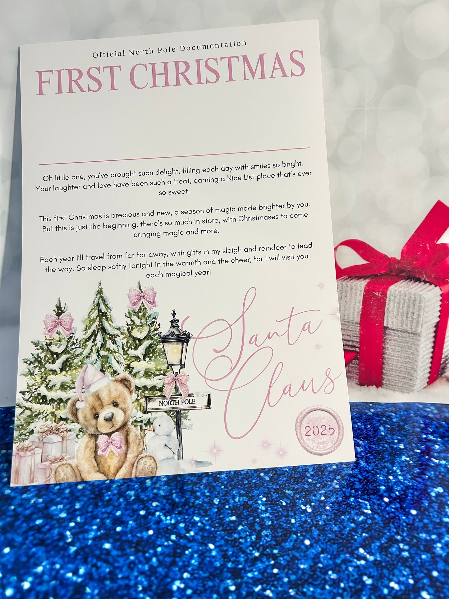 Personalised A4 North Pole Bear First Christmas - Blue or Pink