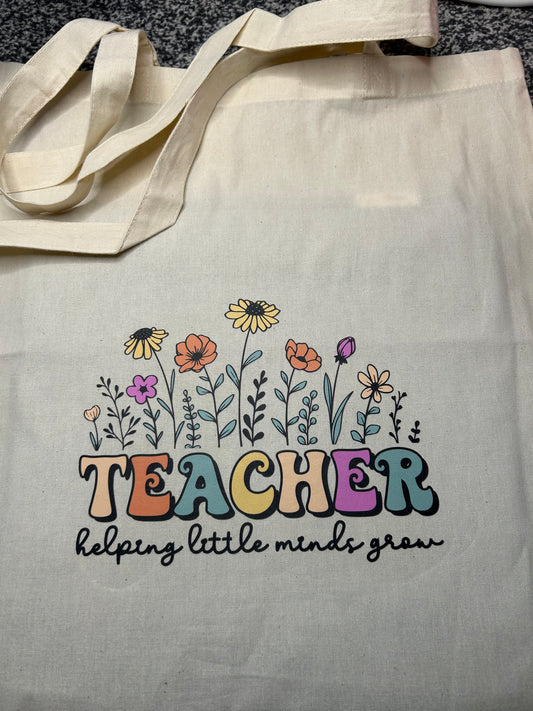 Teacher Linen Long Handle Tote Bag - Helping Little Minds Grow