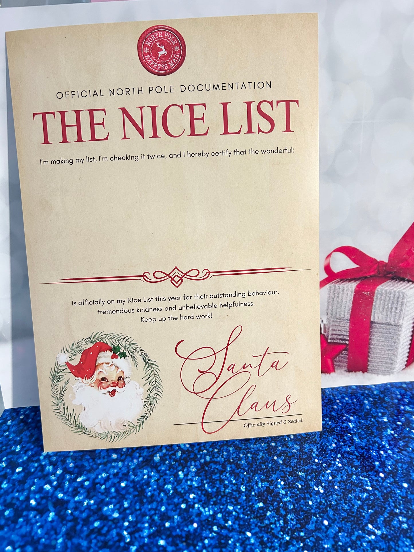 Personalised A4 Letter Christmas Eve/Magical Note/Nice List - Traditional Santa Wreath Design