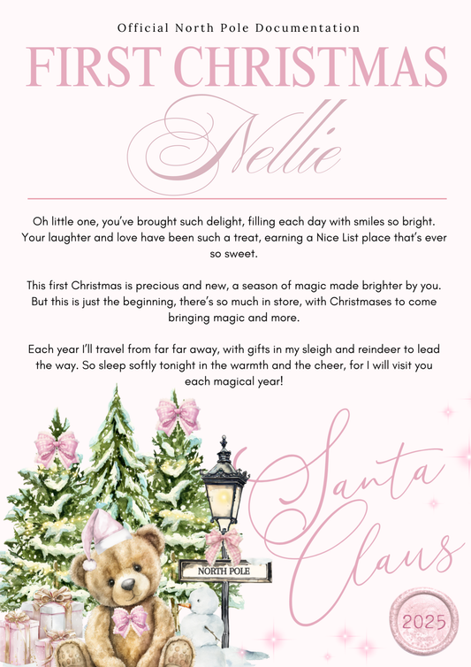 Personalised A4 North Pole Bear First Christmas - Blue or Pink