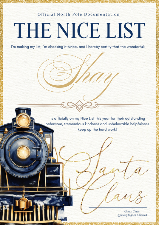 Personalised A4 Express Train Nice List Letter - Navy Blue or Pink